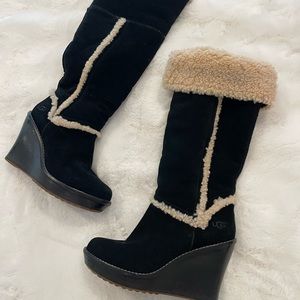 UGG Aubrie Black Sheepskin Knee High Wedge Boot